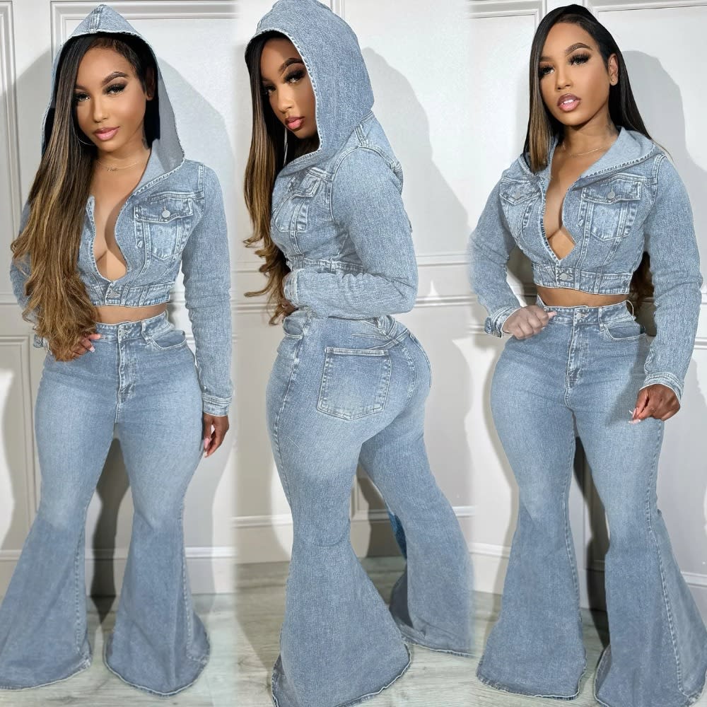 Vintage Denim Two Piece Set: Turn-down Collar Crop Top + Flare Pants - Women's Streetwear Suit